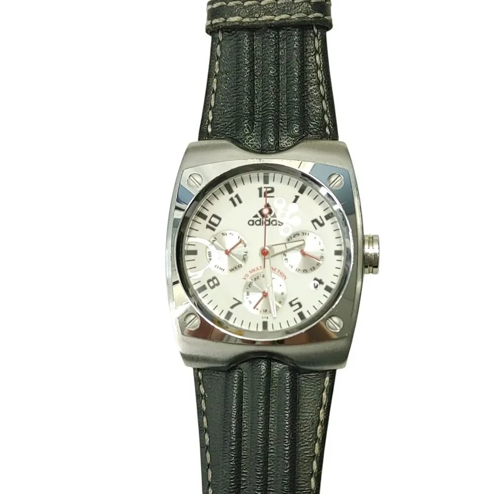 Adidas 10-5005 VS Multifunction Watch Silver White Dial Black Leather Band